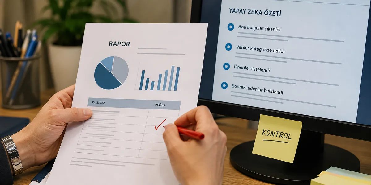 Altın kural: çıktı taslaktır, imza insanındır Ofis masasında yazıcıdan çıkmış raporu yapay zeka özetiyle karşılaştıran çalışan eli
