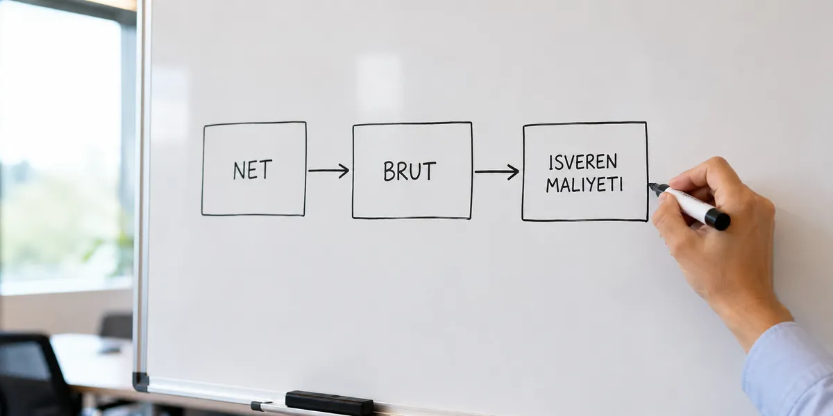 Beyaz tahta önünde net brüt ve işveren maliyeti kutularını ok ile bağlayan el